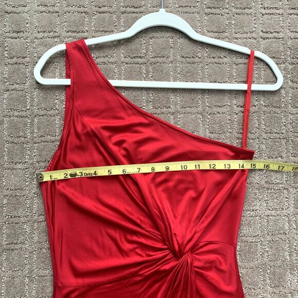 Laila Azhar Silk One Shoulder Dress Ruched Waist Short Red Medium Y2K Holiday - Picture 8 of 11